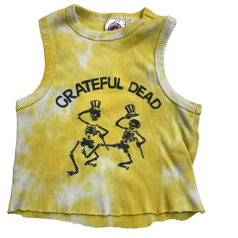Vintage Grateful Dead Baby Tank Top Cropped XS Yellow Tie-Dye Skeletons Graphic